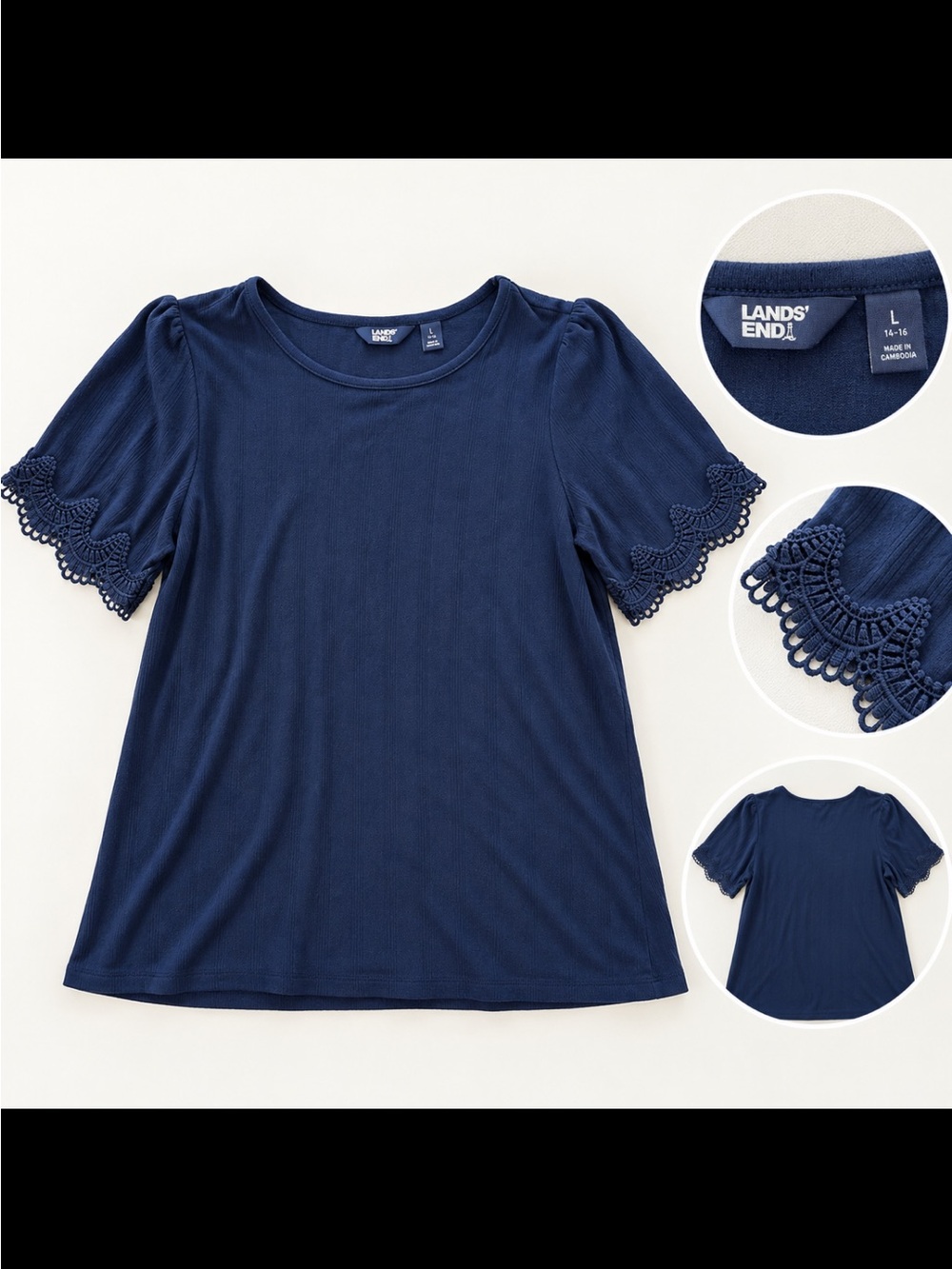 Lands' End Navy Short-Sleeve Top with Lace Trim